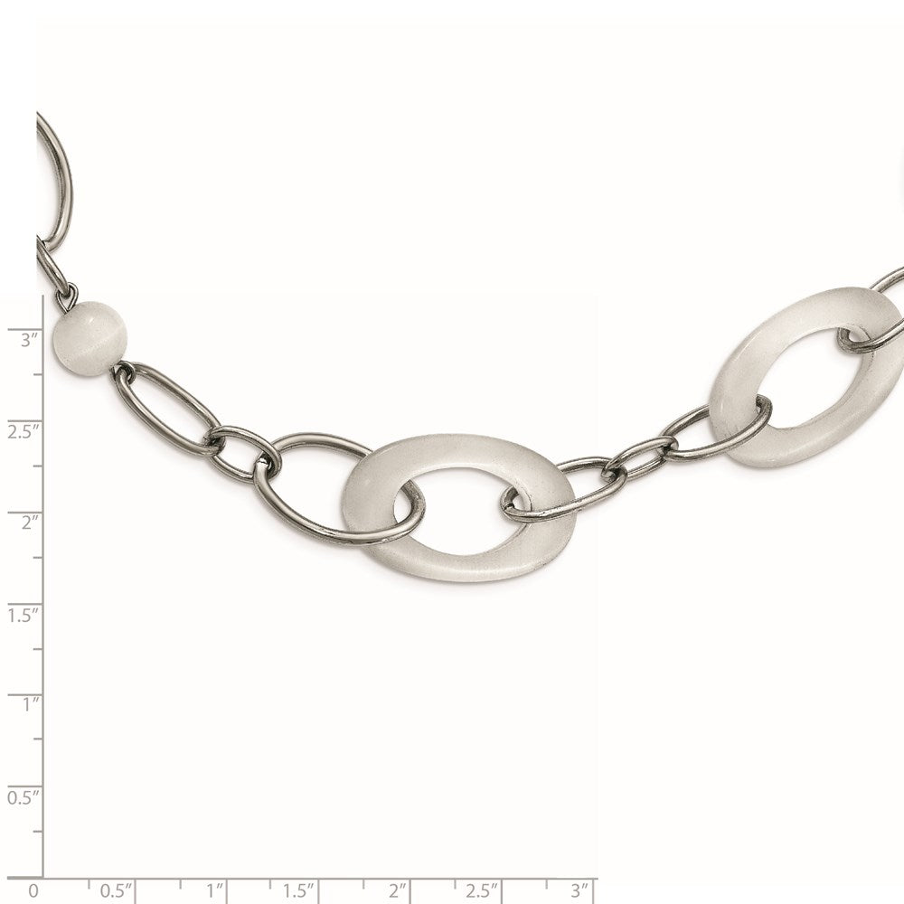Stainless Steel Polished White Cat's Eye 16in w/2in ext Necklace