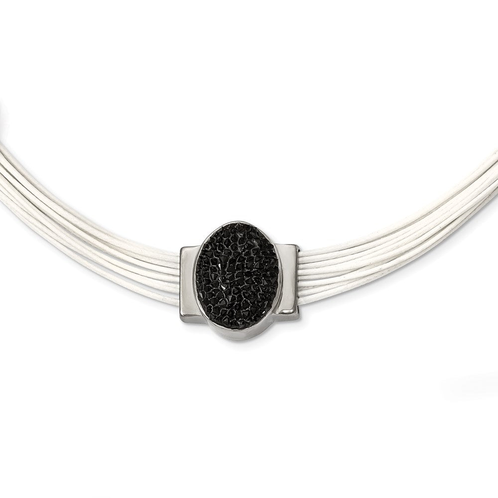 Stainless Steel 18+2in ext Cotton Cord Polished Blk Crystal Necklace