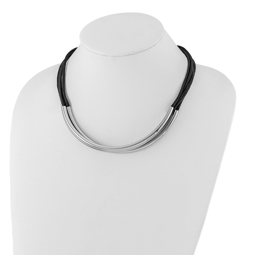 Stainless Steel Polished 3 Tube w/ Black Wax Cord Necklace