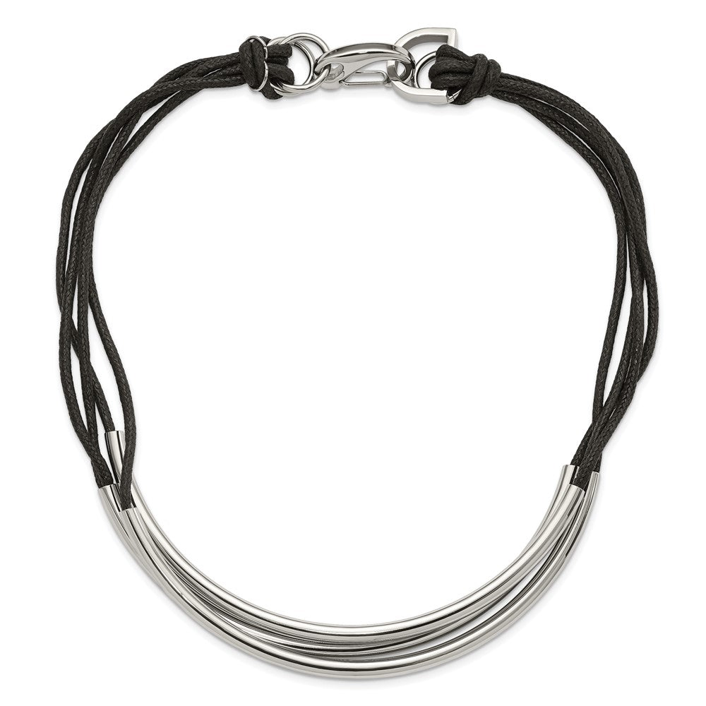 Stainless Steel Polished 3 Tube w/ Black Wax Cord Necklace