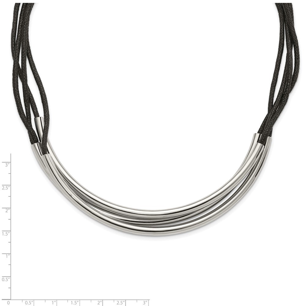 Stainless Steel Polished 3 Tube w/ Black Wax Cord Necklace