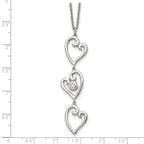 Stainless Steel Polished w/CZ Dangle Hearts 16in w/2in ext Necklace