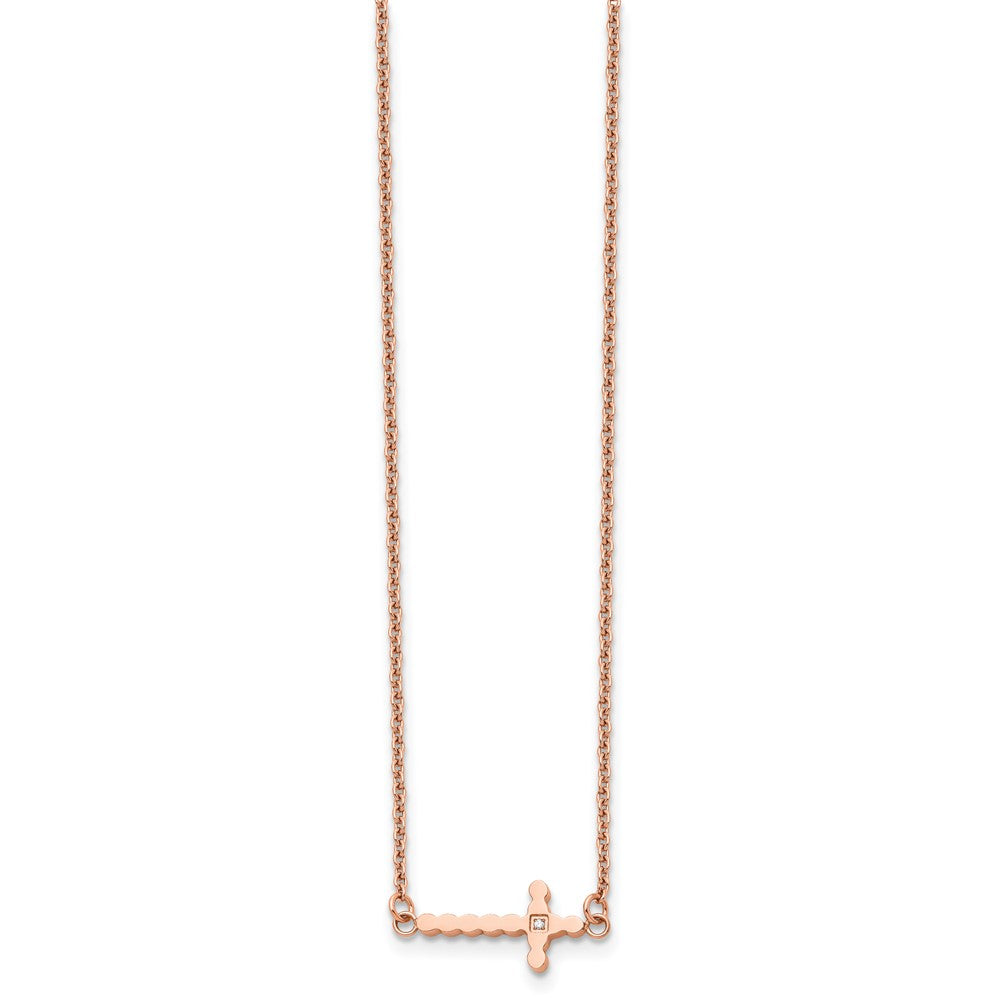 Chisel Stainless Steel Polished Rose IP-plated with CZ Sideways Cross on a 21.25 inch with 4.25in extension Cable Chain Necklace