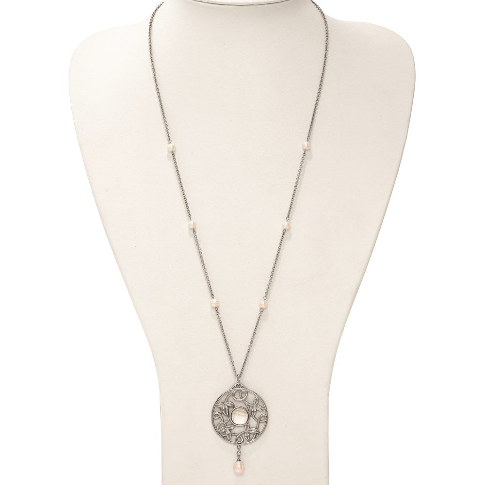 Stainless Steel Polished FWC Pearl & CZ & Glass 30in w/2in ext Necklace