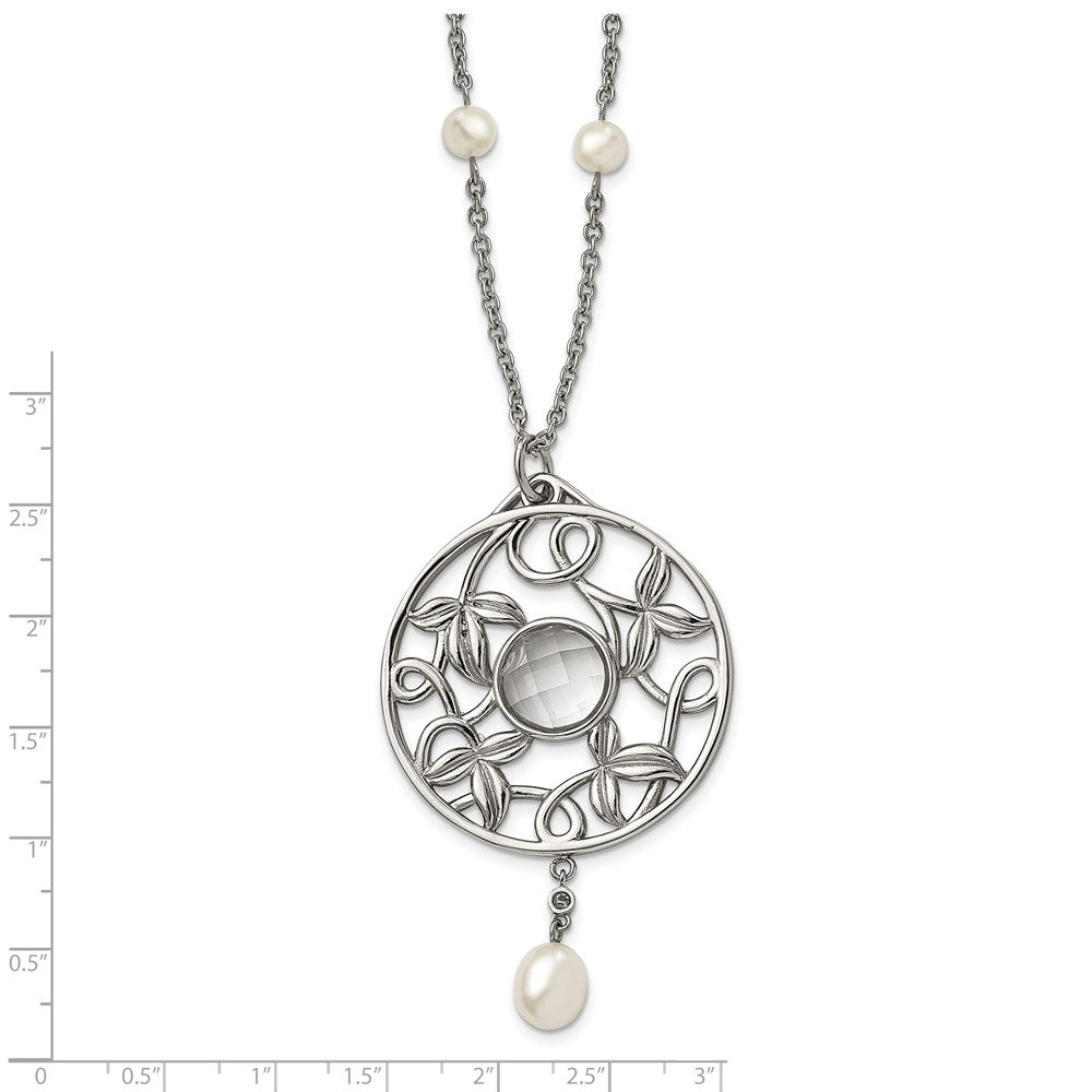 Stainless Steel Polished FWC Pearl & CZ & Glass 30in w/2in ext Necklace
