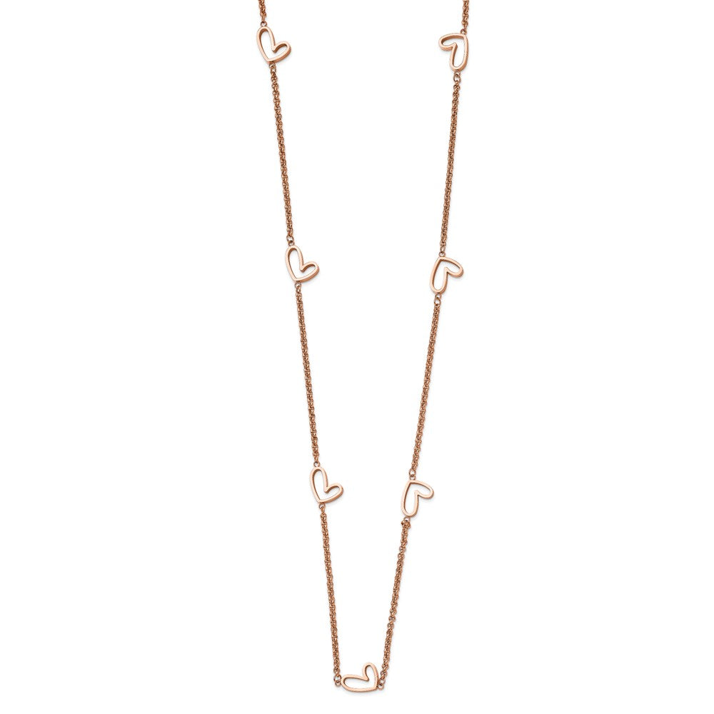 Stainless Steel Polished Rose IP-Plated Hearts 38in Necklace
