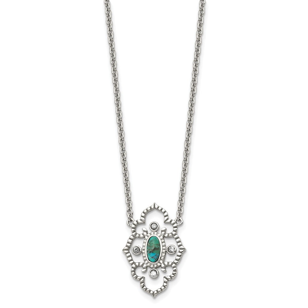 Stainless Steel Polished CZ and Imitation Turquoise w/2in ext Necklace