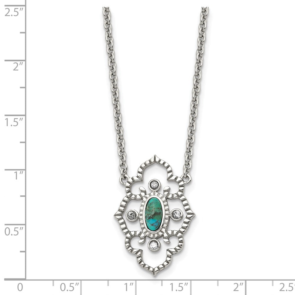 Stainless Steel Polished CZ and Imitation Turquoise w/2in ext Necklace