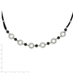 Stainless Steel Polished w/Black Agate w/1.5in ext Leather Cord Necklace