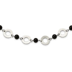Stainless Steel Polished w/Black Agate w/1.5in ext Leather Cord Necklace