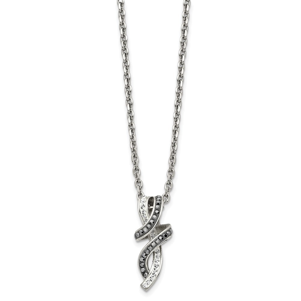 Chisel Stainless Steel Polished Black and White Crystal Fancy Twisted Pendant on an 18 inch Cable Chain Necklace