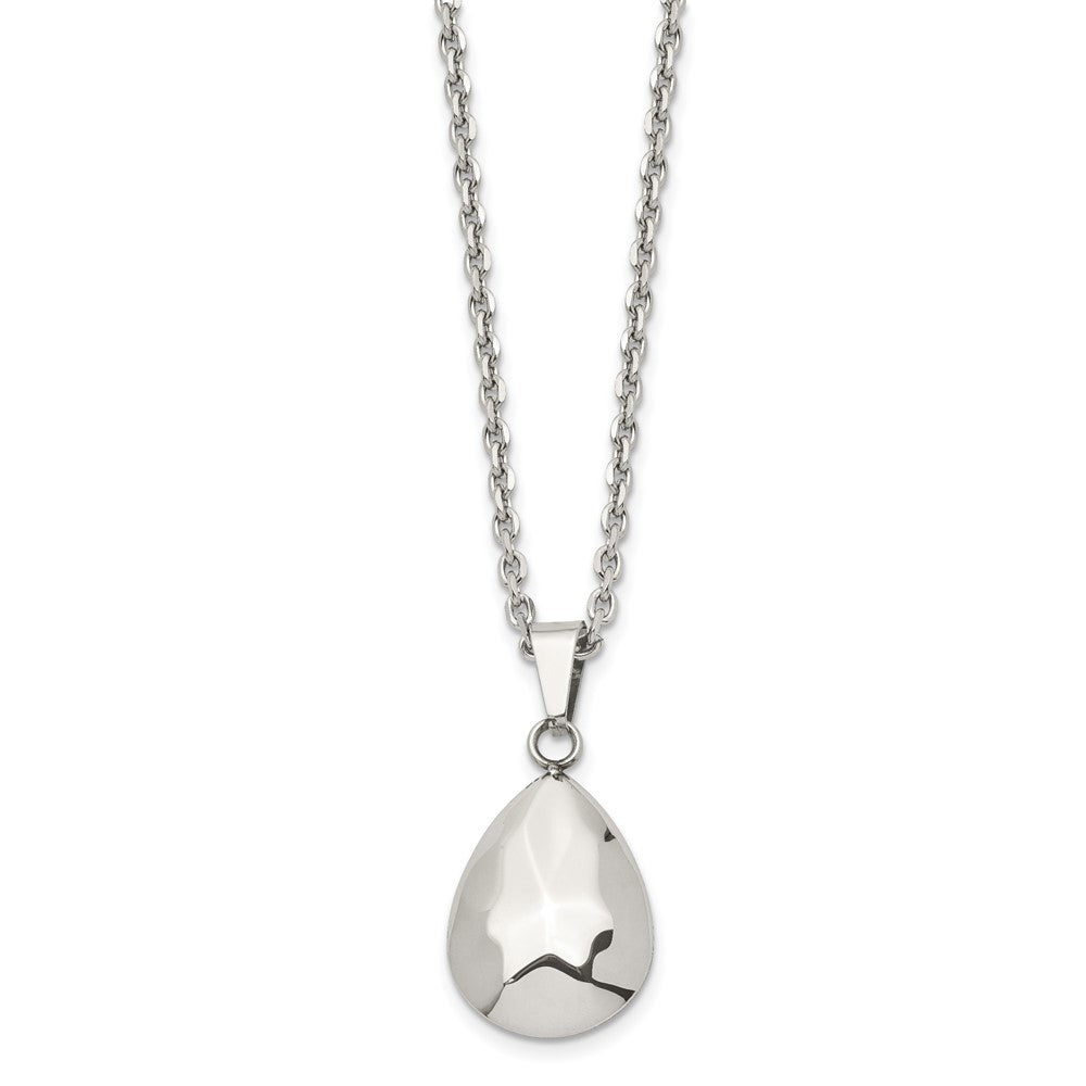 Stainless Steel Polished Hammered Hollow Teardrop Puff 18in Necklace
