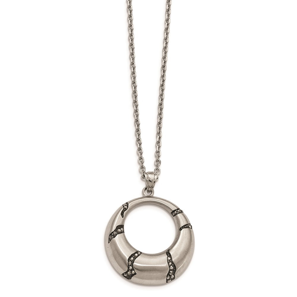 Stainless Steel Brushed Enameled w/Crystal Circle 20in Necklace