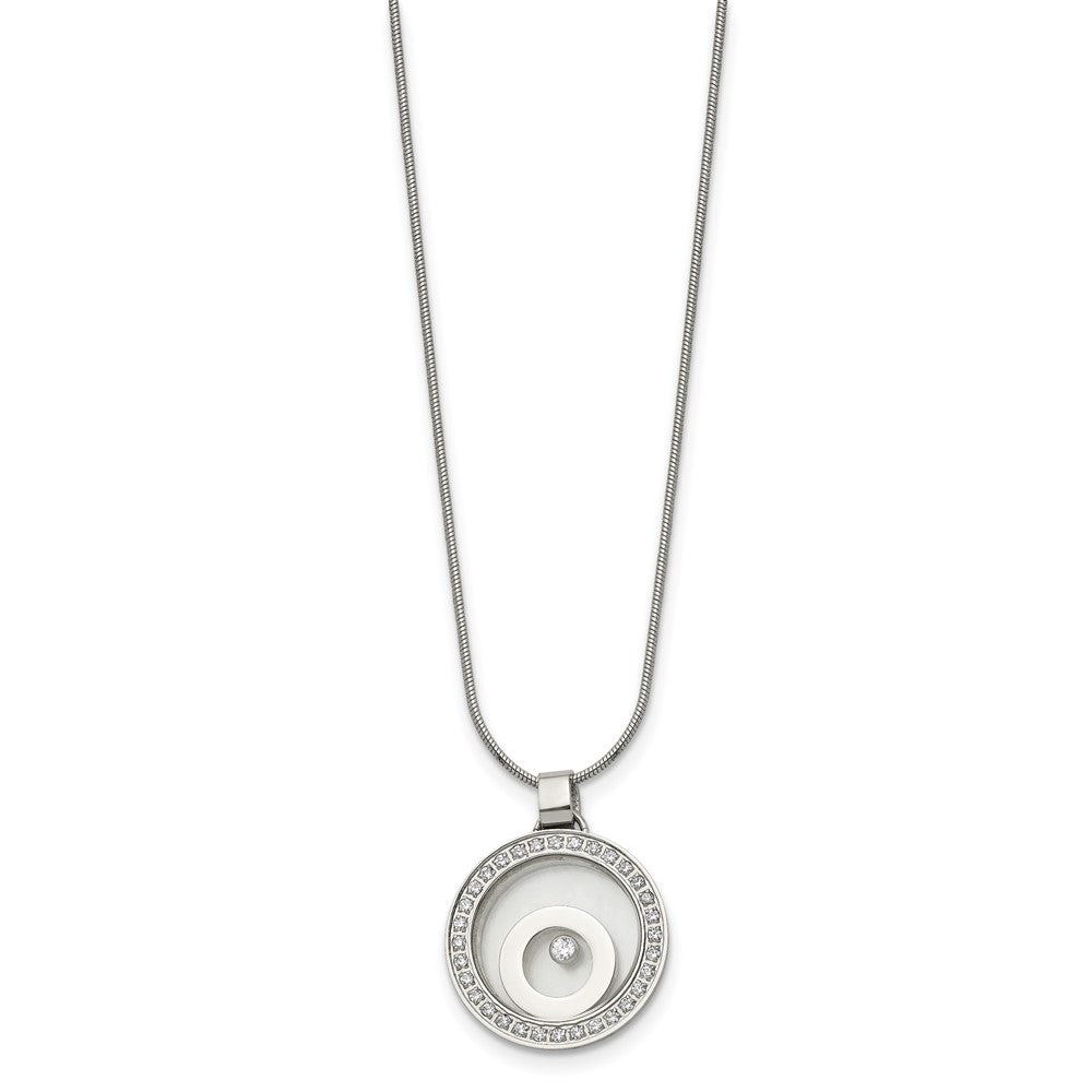 Stainless Steel Polished with Moving CZ Floating in Glass Circle Necklace