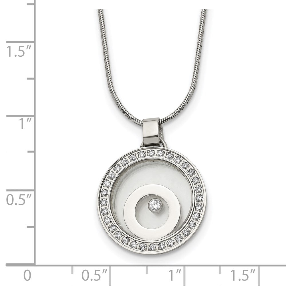 Stainless Steel Polished with Moving CZ Floating in Glass Circle Necklace