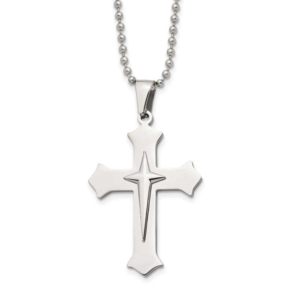 Chisel Stainless Steel Polished Cross Pendant on a 24 inch Ball Chain Necklace