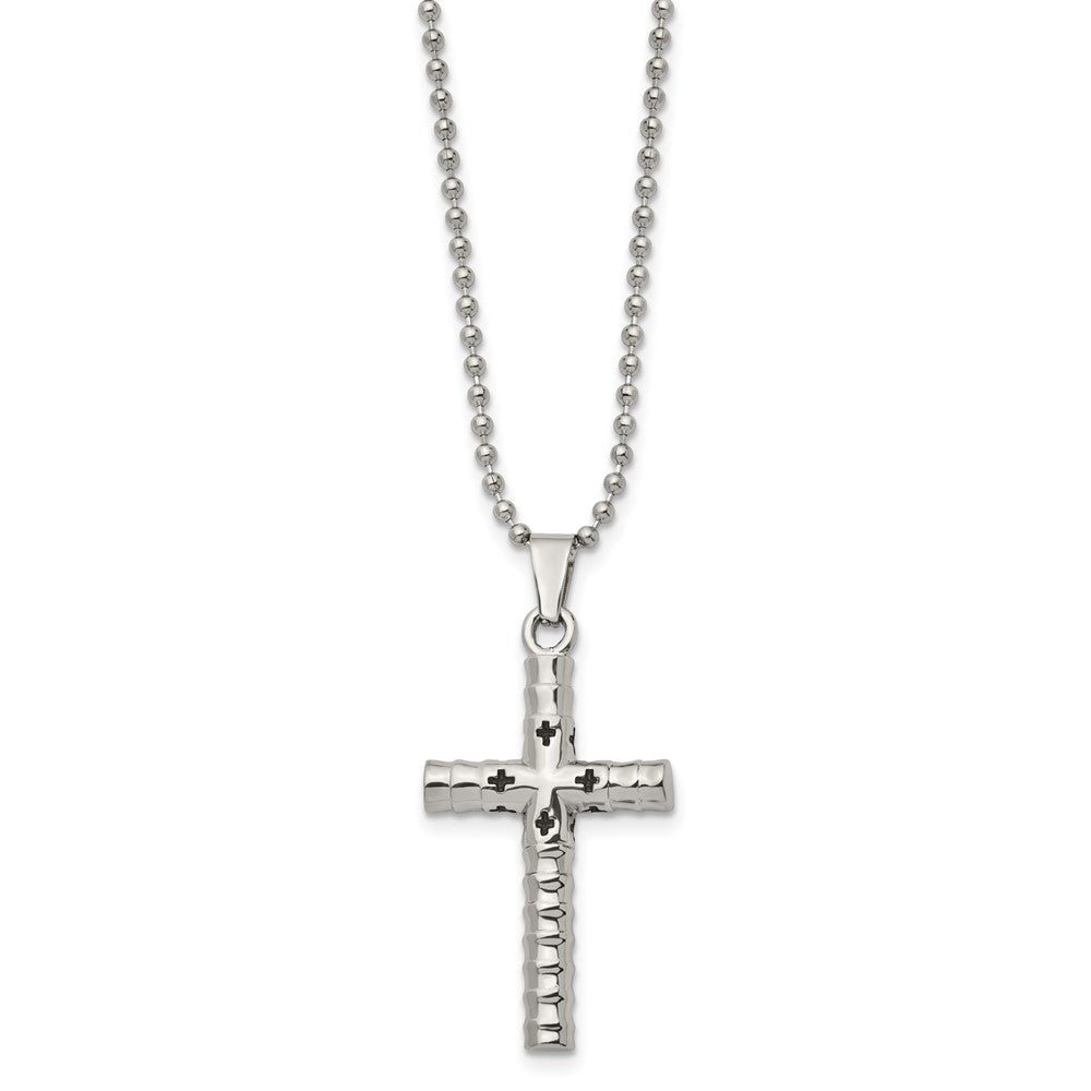 Stainless Steel Polished and Textured with Black Enamel Cross 24 Inch Necklace