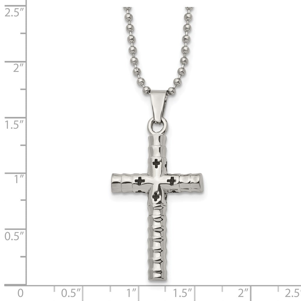 Stainless Steel Polished and Textured with Black Enamel Cross 24 Inch Necklace