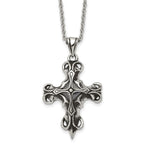 Stainless Steel Antiqued and Polished w/Black Glass Cross 22in Necklace