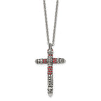 Stainless Steel Antiqued and Polished w/Red Crystal Cross 22in Necklace