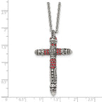 Stainless Steel Antiqued and Polished w/Red Crystal Cross 22in Necklace