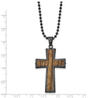 Stainless Steel Brushed GunMetal IP-plated w/Wood Inlay Cross Necklace
