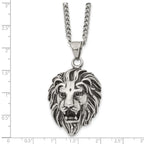 Chisel Stainless Steel Antiqued and Polished Small Lion Head Pendant on a 24 inch Curb Chain Necklace