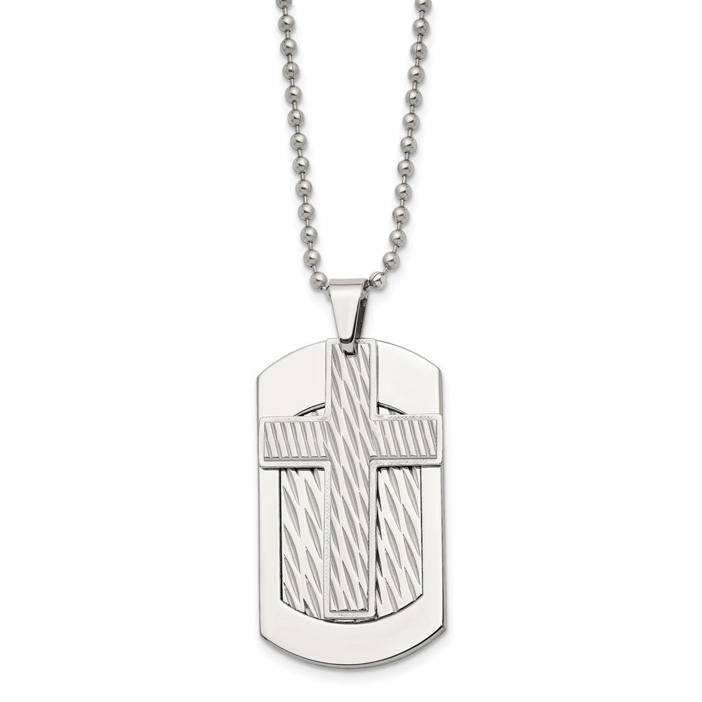 Chisel Stainless Steel Polished and Textured 2 Piece Cross Dog Tag on a 24 inch Ball Chain Necklace