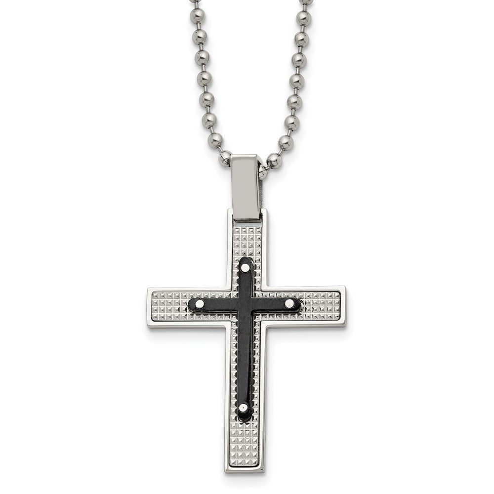 Stainless Steel Polished and Textured Black IP-plated Cross 22in Necklace