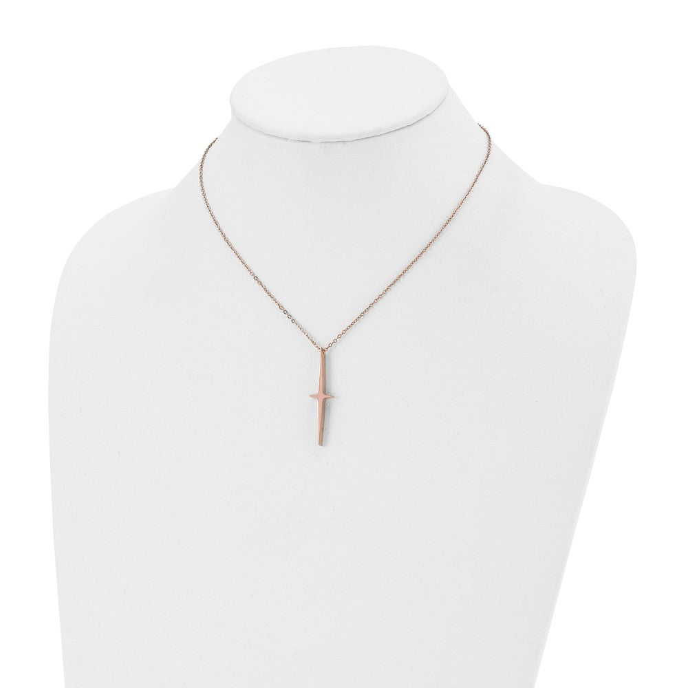 Chisel Stainless Steel Polished Rose IP-plated Cross Pendant on a 16 inch with 2 inch extension Cable Chain Necklace