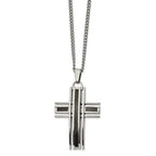 Chisel Stainless Steel Polished with Black Carbon Fiber Inlay Cross Pendant on a 24 inch Curb Chain Necklace