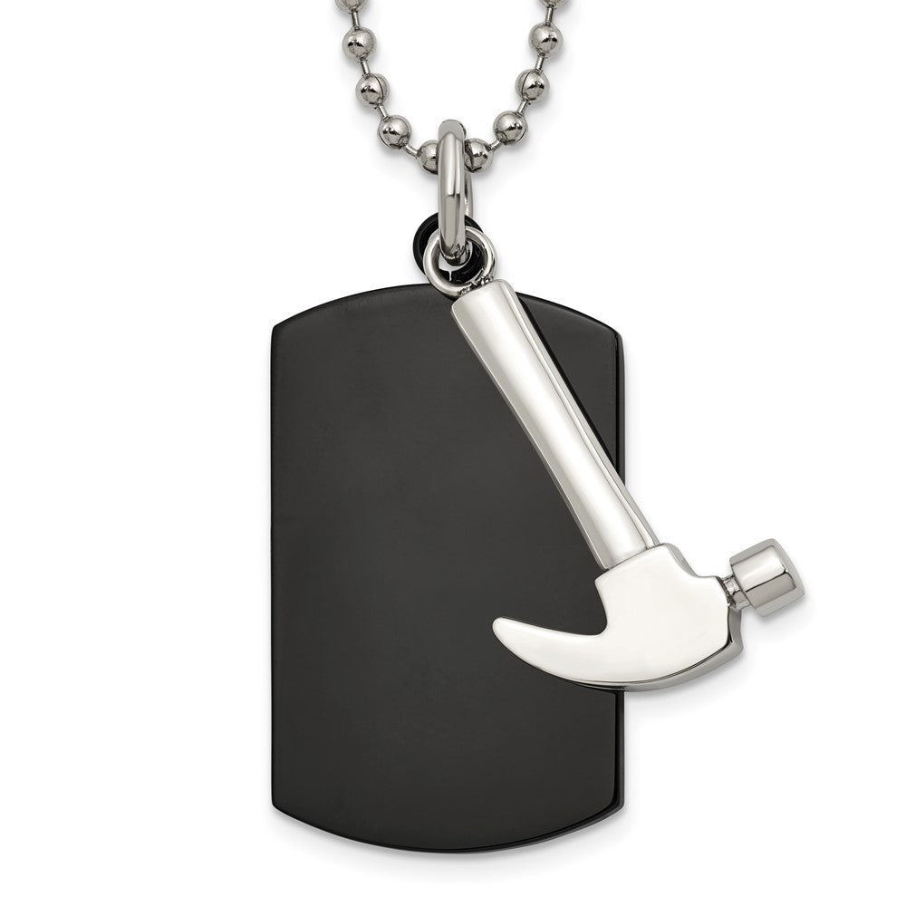 Chisel Stainless Steel Polished Black IP-plated Dog Tag with Hammer Pendant on a 24 inch Ball Chain Necklace