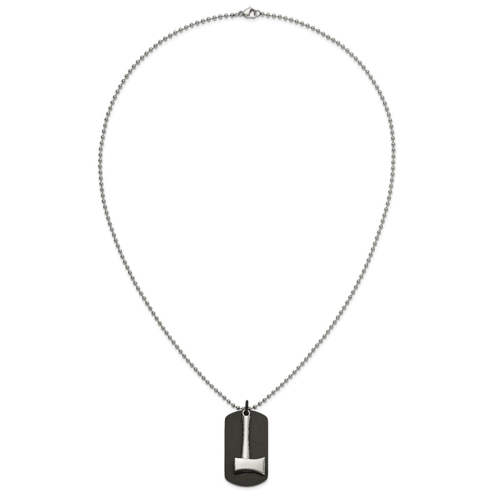 Chisel Stainless Steel Brushed and Polished Black IP-plated Dog Tag with Axe Pendant on a 24 inch Ball Chain Necklace