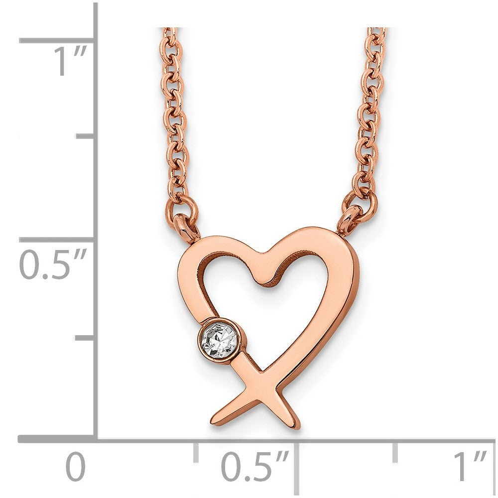 Chisel Stainless Steel Polished Rose IP-plated with Austrian Crystal Heart on a 16 inch Cable Chain with a 2 inch Extension Necklace