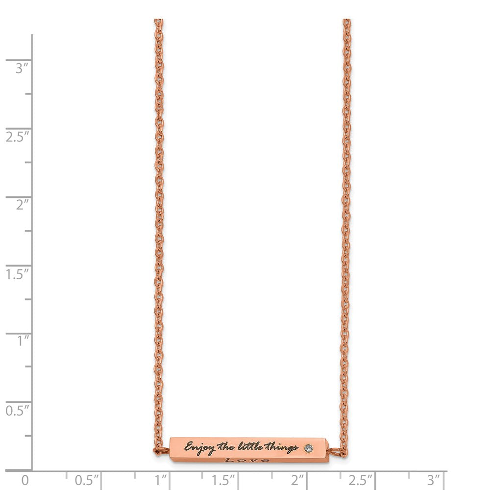 Chisel Stainless Steel Polished Rose IP-plated Enameled CZ ENJOY THE LITTLE THINGS Bar on a 16 inch Cable Chain with a 2 inch Extension Necklace