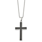 Chisel Stainless Steel Polished with Black Carbon Fiber Inlay Cross Pendant on a 22 inch Ball Chain Necklace