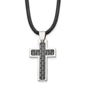 Chisel Stainless Steel Polished with Black Carbon Fiber Inlay Cross Pendant on an 18 inch Leather Cord Necklace