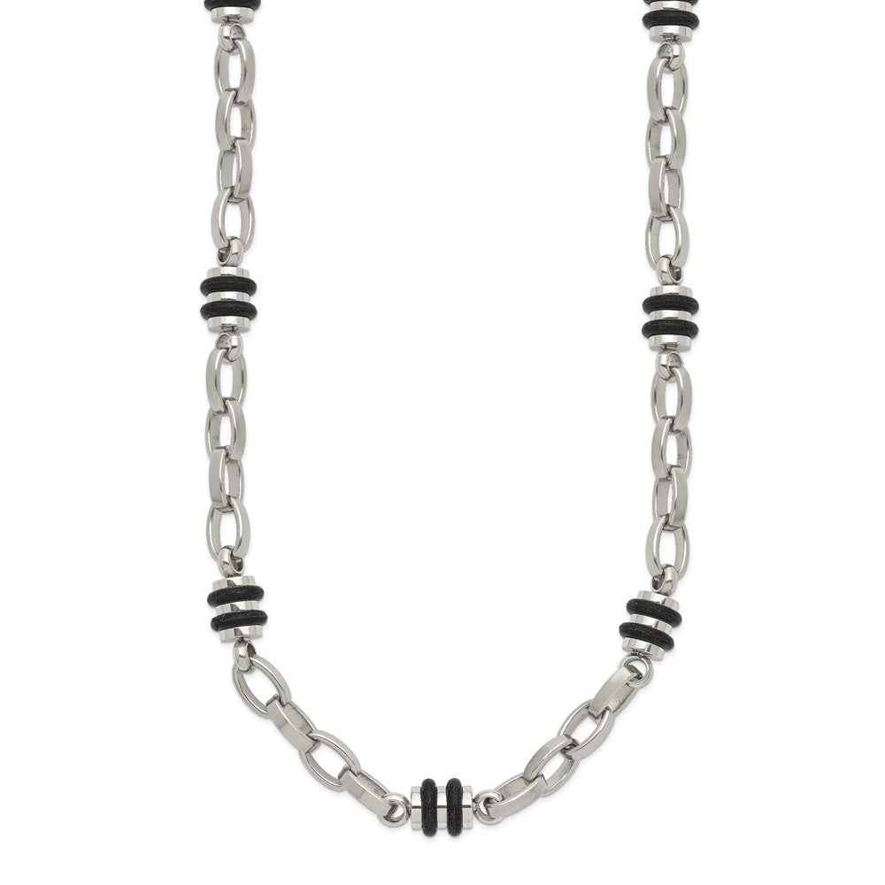 Chisel Stainless Steel Polished with Black Rubber Barrel Link Necklace