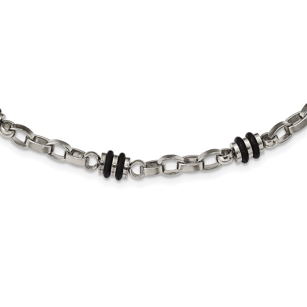 Chisel Stainless Steel Polished with Black Rubber Barrel Link Necklace