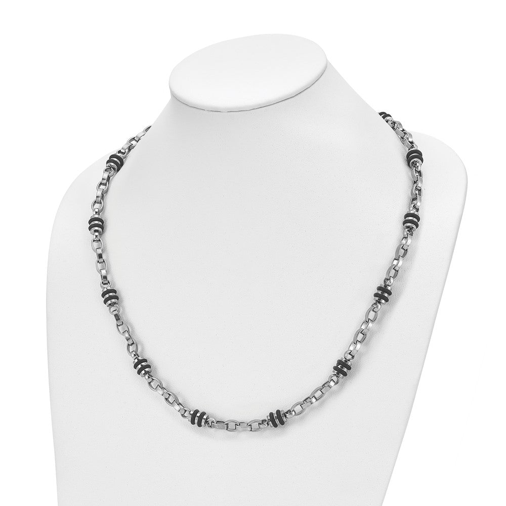 Chisel Stainless Steel Polished with Black Rubber Barrel Link Necklace