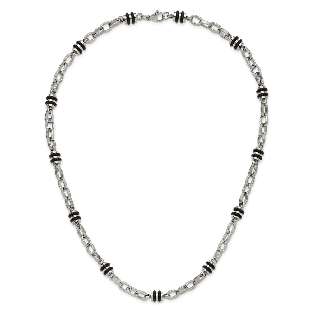 Chisel Stainless Steel Polished with Black Rubber Barrel Link Necklace