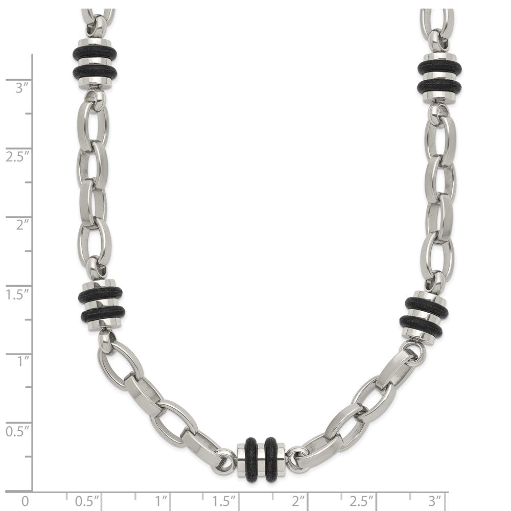 Chisel Stainless Steel Polished with Black Rubber Barrel Link Necklace