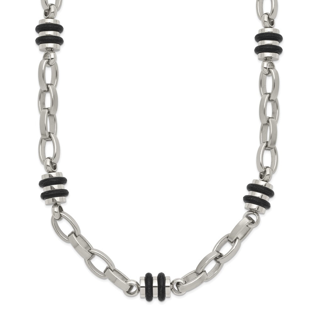 Chisel Stainless Steel Polished with Black Rubber Barrel Link Necklace