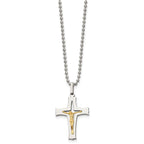 Chisel Stainless Steel Polished with 14k Gold Accent Crucifix Pendant on a 22 inch Ball Chain Necklace