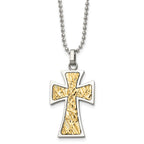 Chisel Stainless Steel Polished with 14k Gold Accent Cross Pendant on a 22 inch Ball Chain Necklace