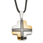Stainless Steel Black & Yellow IP-plated Cross on Cord Necklace