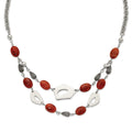Stainless Steel Polished & Antiqued Red & Orange Agate w/ 2in ext. Necklace