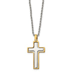Chisel Stainless Steel Polished Laser Cut Center Yellow IP-plated Moveable Cross Pendant on 22 inch Rope Chain Necklace
