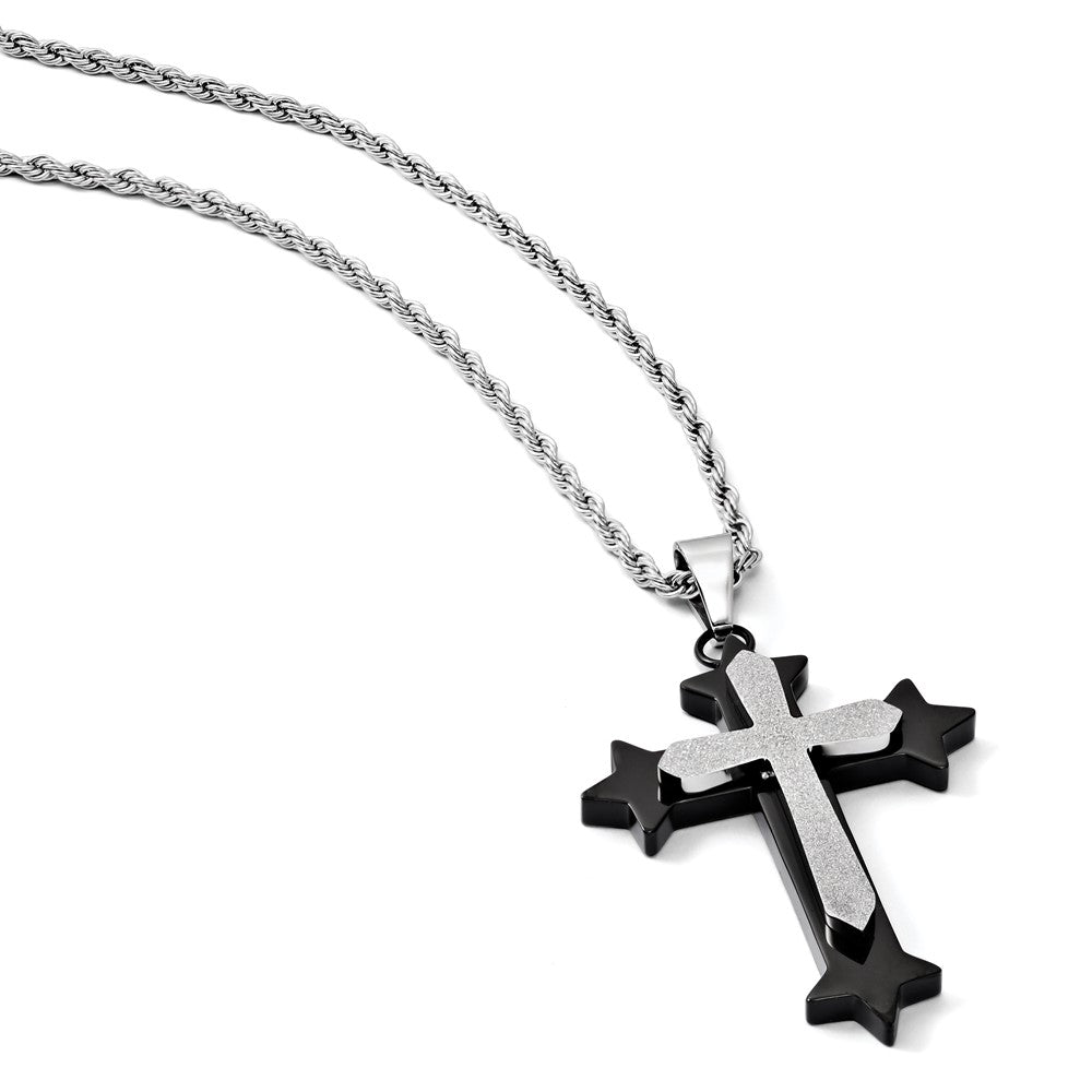 Stainless Steel Polished Black IP-plated Laser cut Cross 24in  Necklace