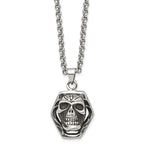 Chisel Stainless Steel Antiqued and Polished Skull Pendant on a 24 inch Cable Chain Necklace